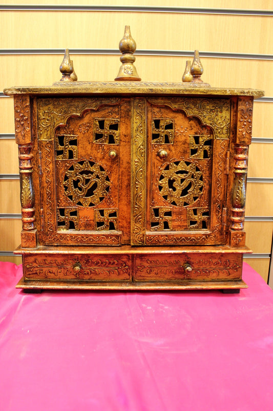 Antique carved Jaipuri wooden mandir with jali doors, front view