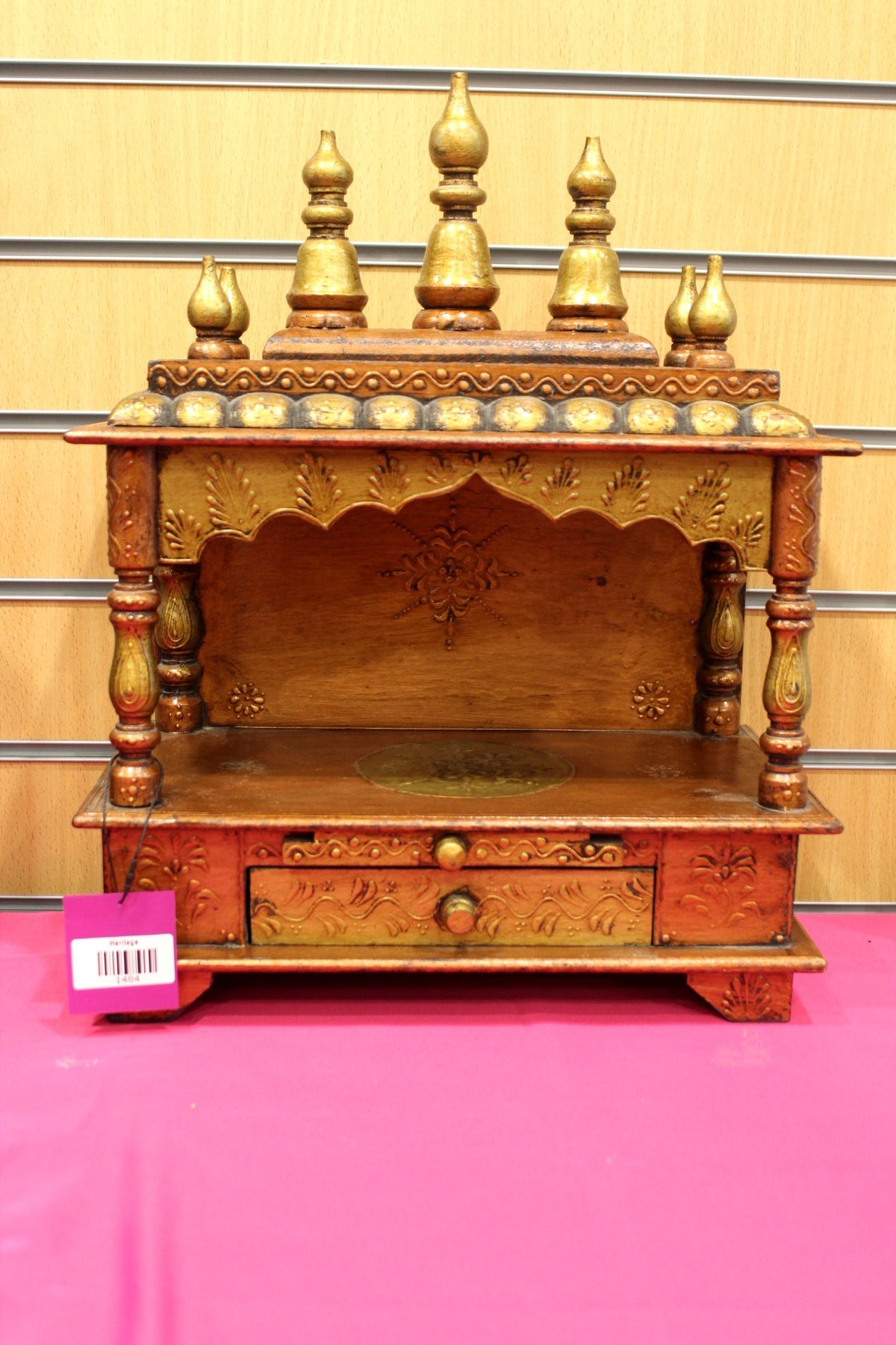 Open-front carved Jaipuri wooden mandir with gold domes, front view