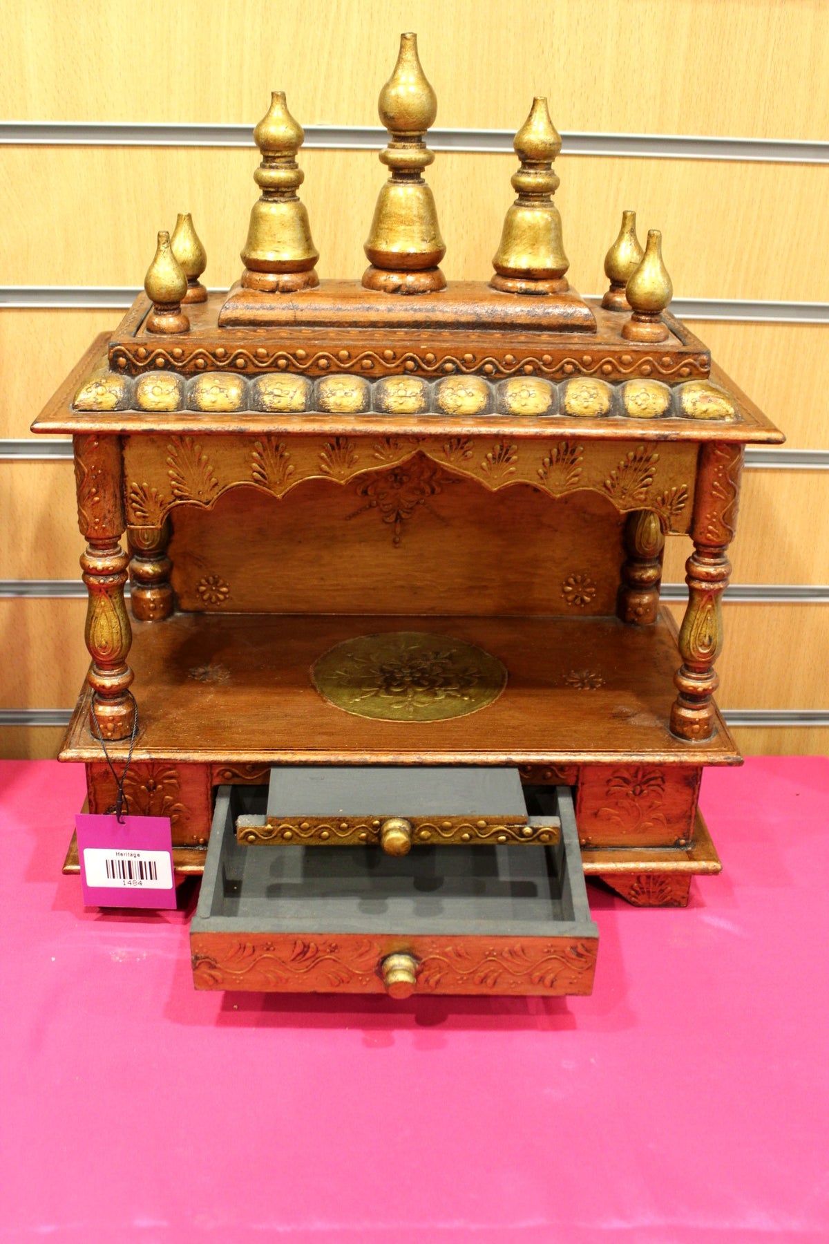 Jaipuri mandir base drawer open, storage for puja essentials