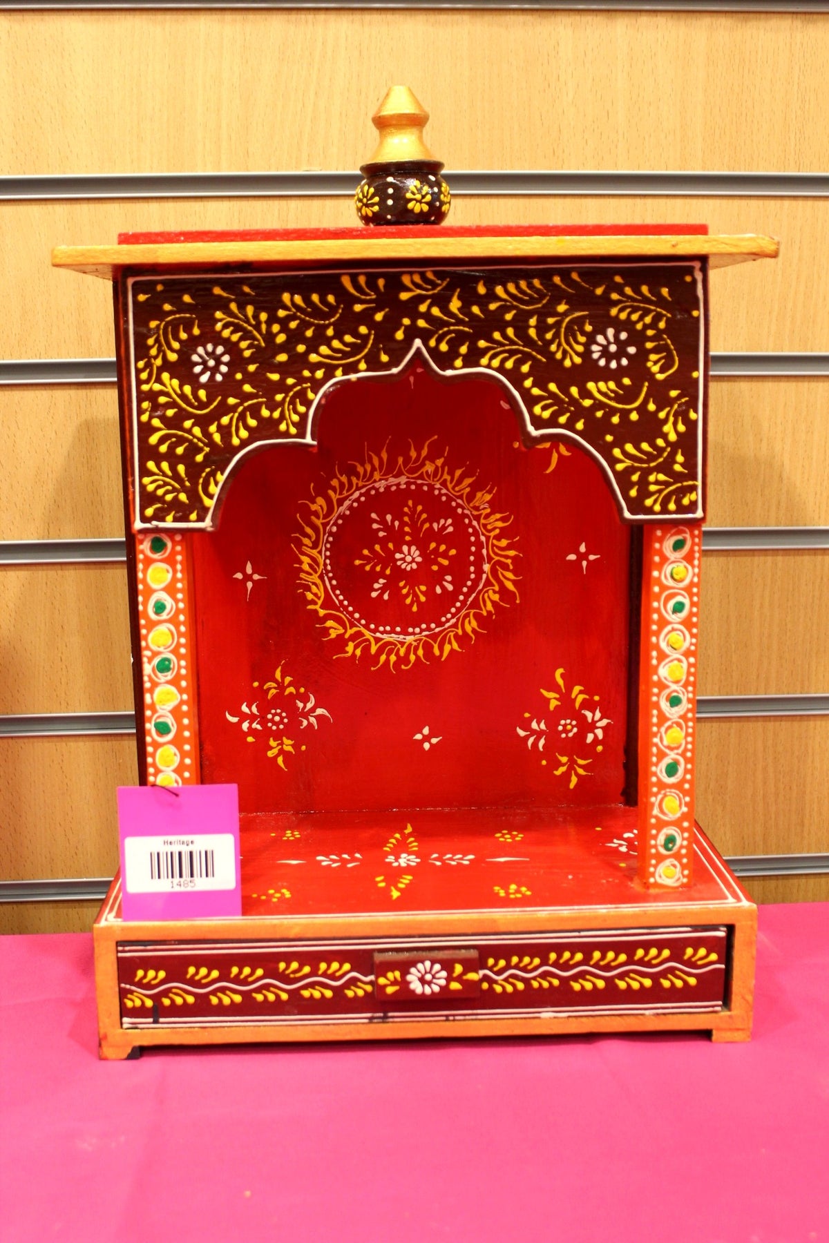Small red hand-painted Jaipuri mandir, front view