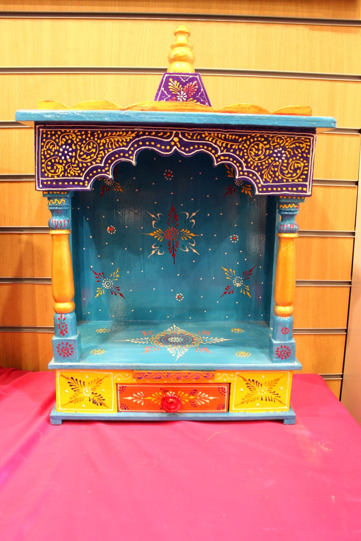 Turquoise hand-painted Jaipuri mandir, front view