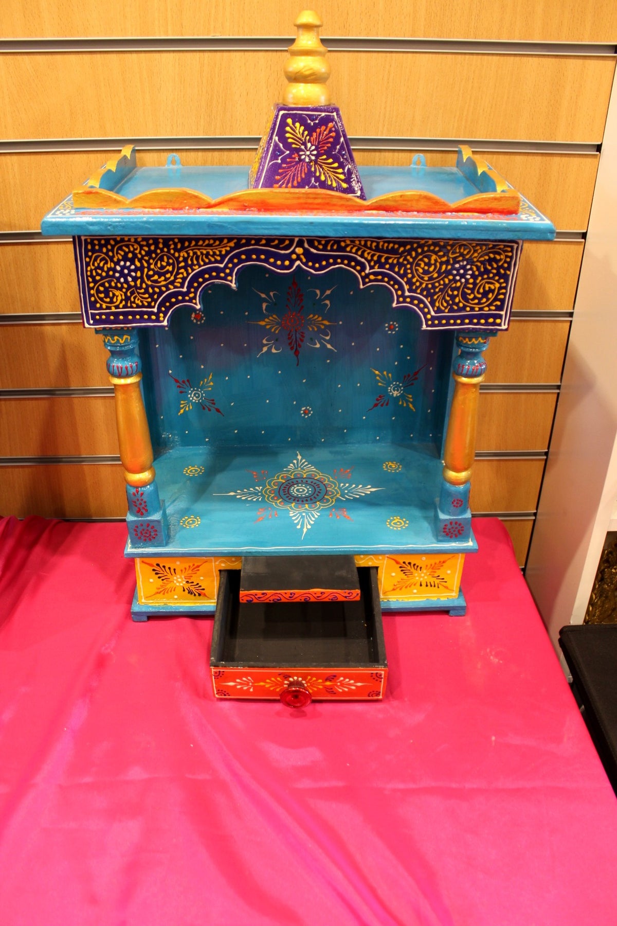 Blue Jaipuri mandir with base drawer open for puja essentials