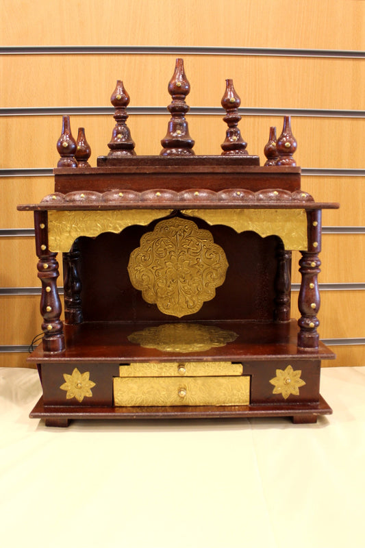 Carved Wooden Mandir 15 x 8 x 19 inch – Rosewood Home Temple with Brass Embossed Panels