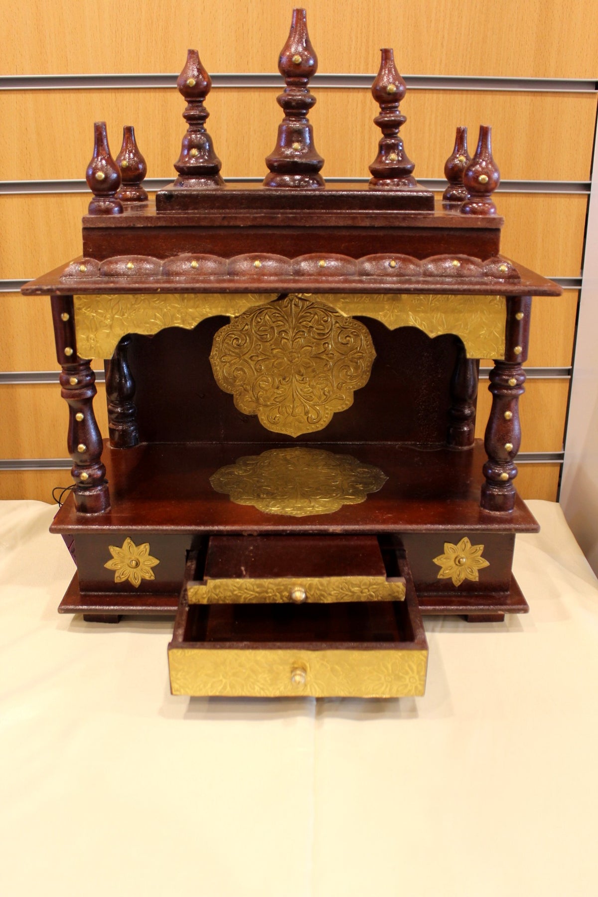 Carved Wooden Mandir 15 x 8 x 19 inch – Rosewood Home Temple with Brass Embossed Panels