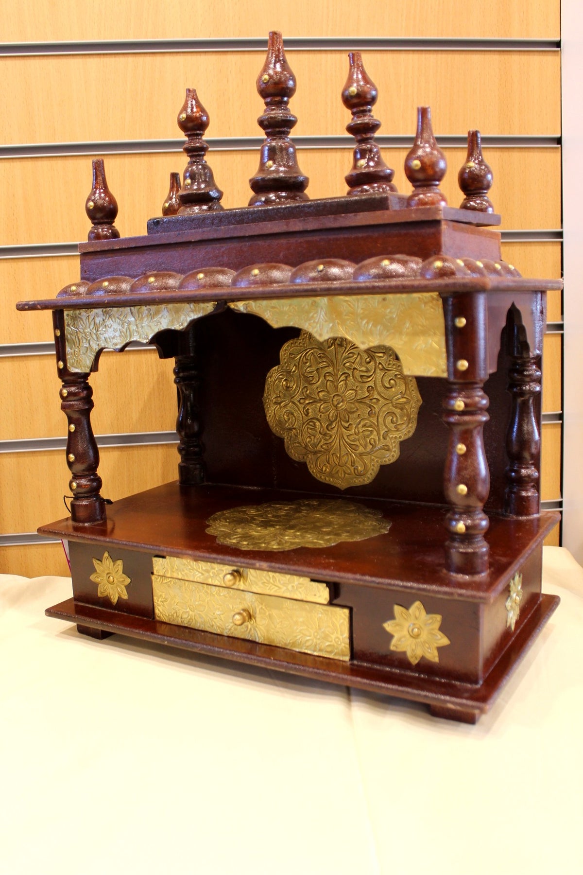 Carved Wooden Mandir 15 x 8 x 19 inch – Rosewood Home Temple with Brass Embossed Panels