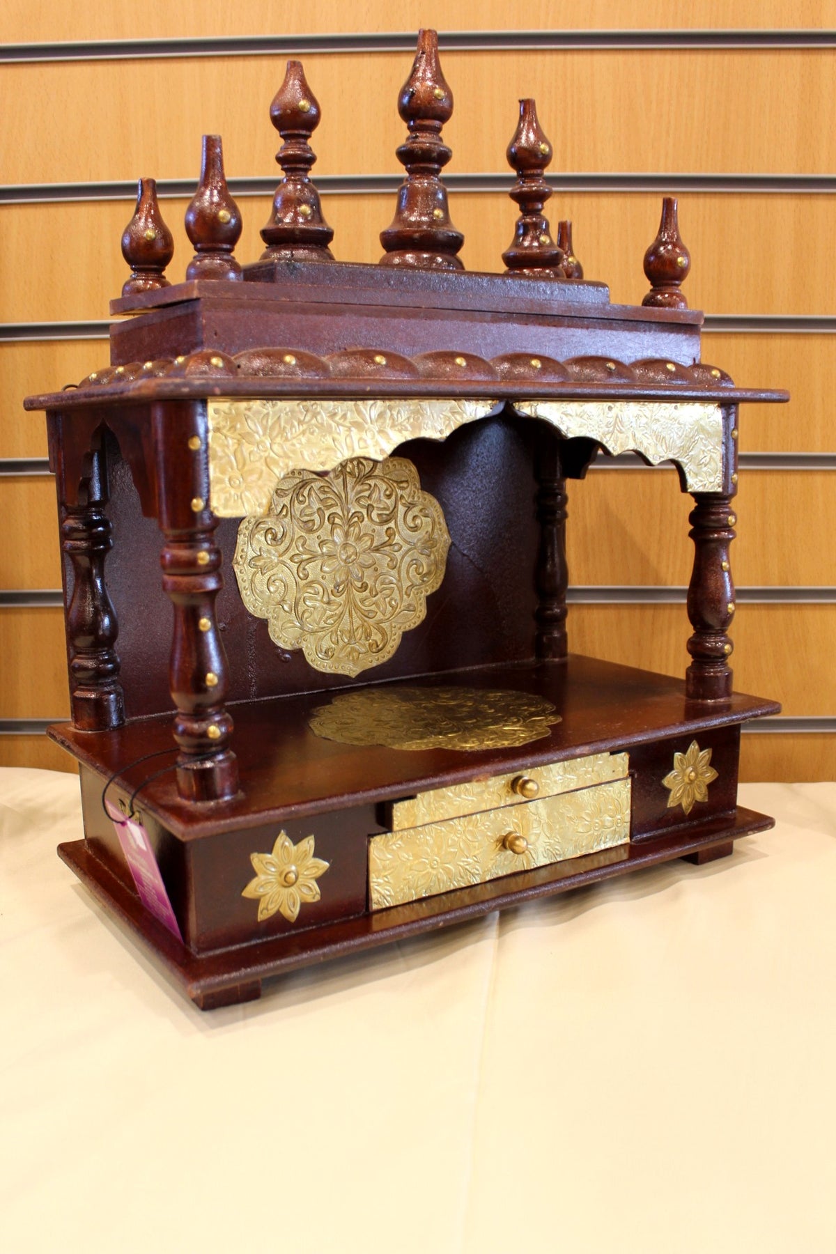 Carved Wooden Mandir 15 x 8 x 19 inch – Rosewood Home Temple with Brass Embossed Panels