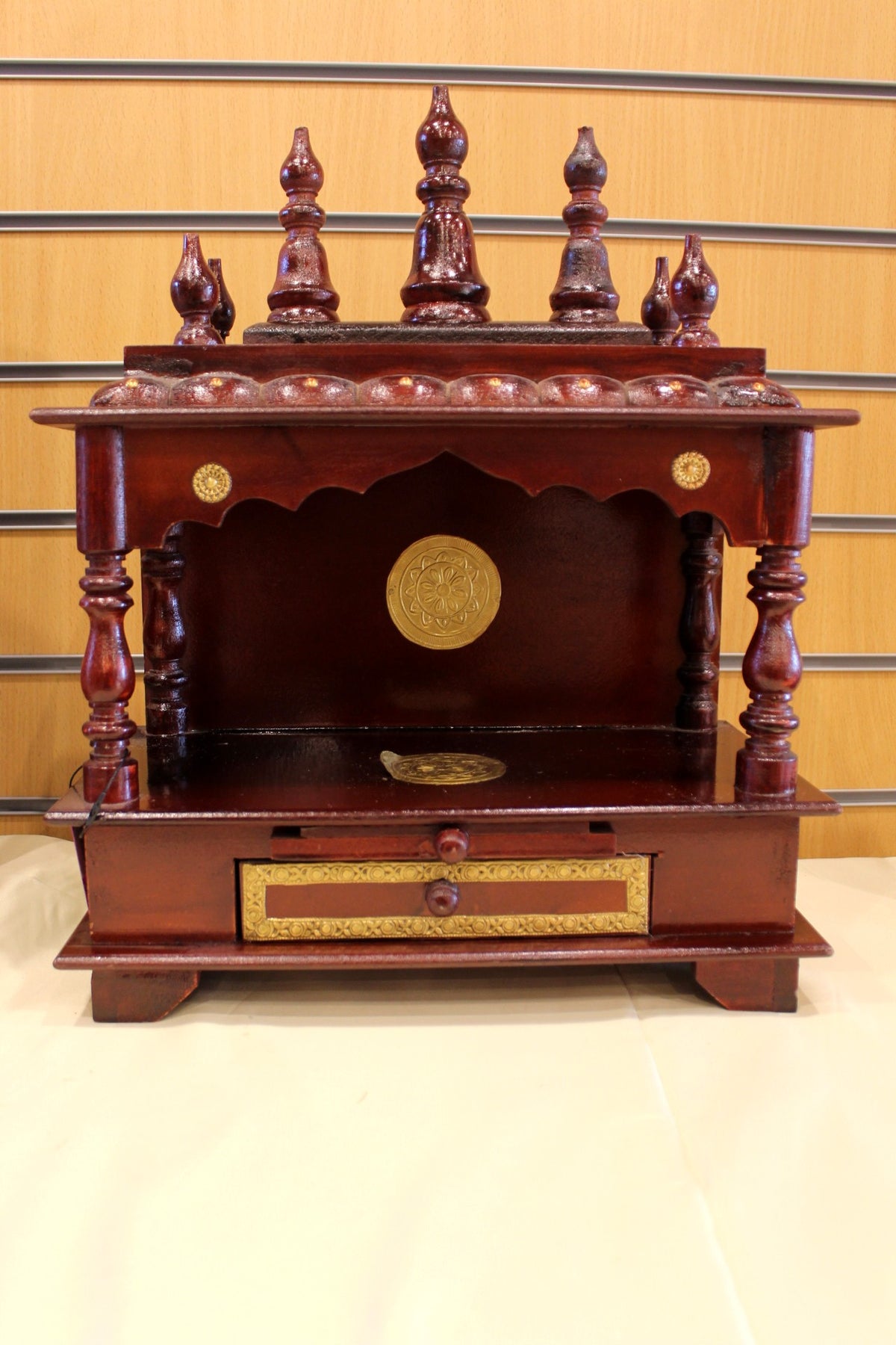 Carved Wooden Mandir 15 x 8 x 19 inch – Rosewood Open Front Home Temple with Drawer