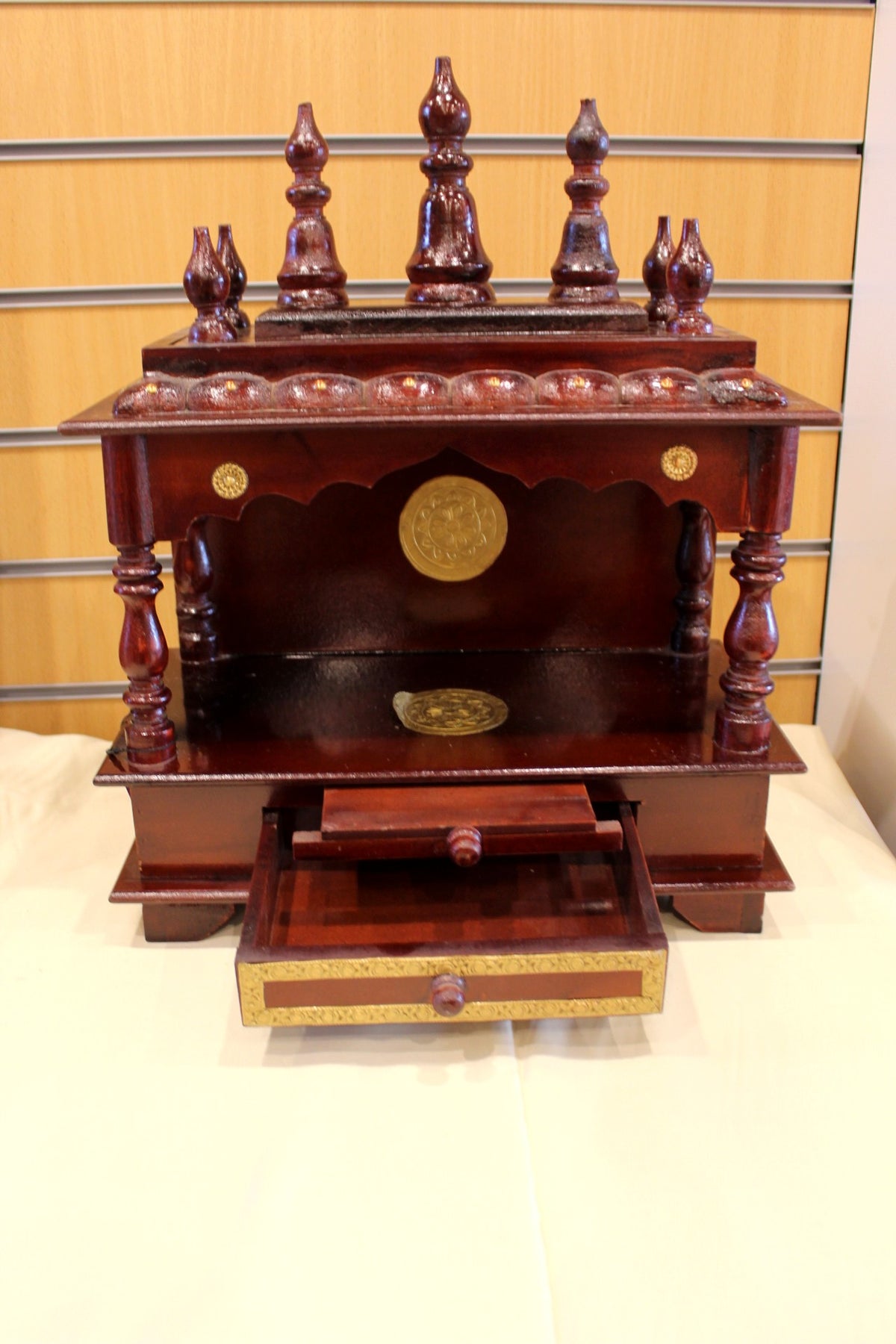 Carved Wooden Mandir 15 x 8 x 19 inch – Rosewood Open Front Home Temple with Drawer