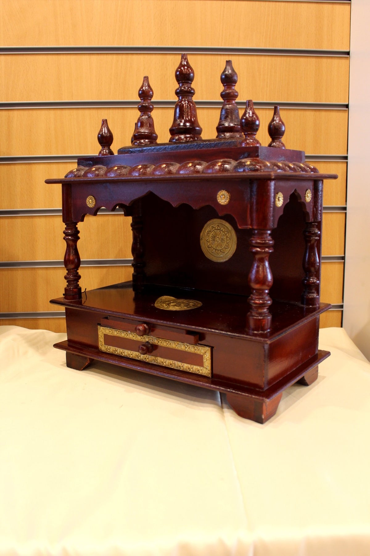 Carved Wooden Mandir 15 x 8 x 19 inch – Rosewood Open Front Home Temple with Drawer