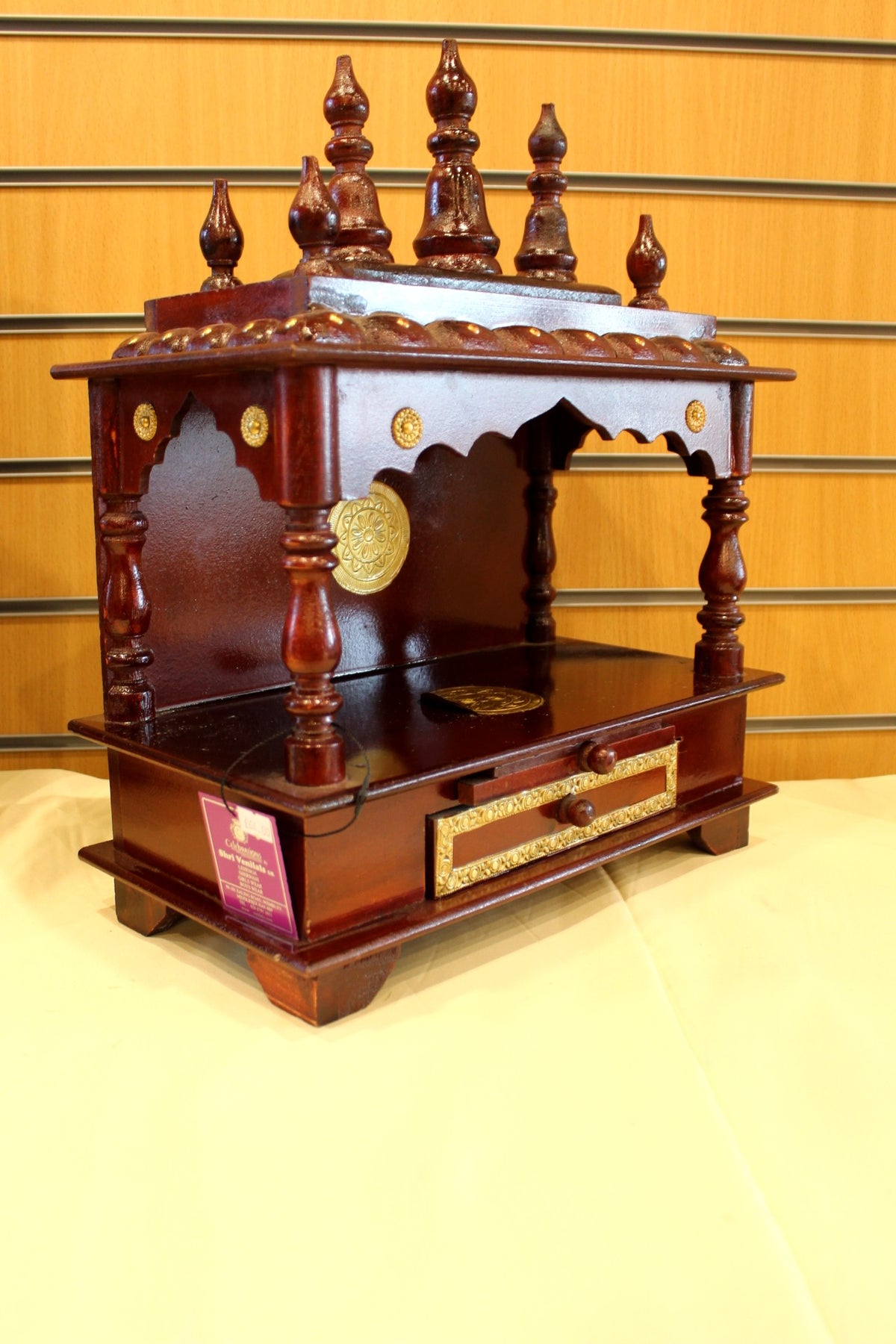 Carved Wooden Mandir 15 x 8 x 19 inch – Rosewood Open Front Home Temple with Drawer