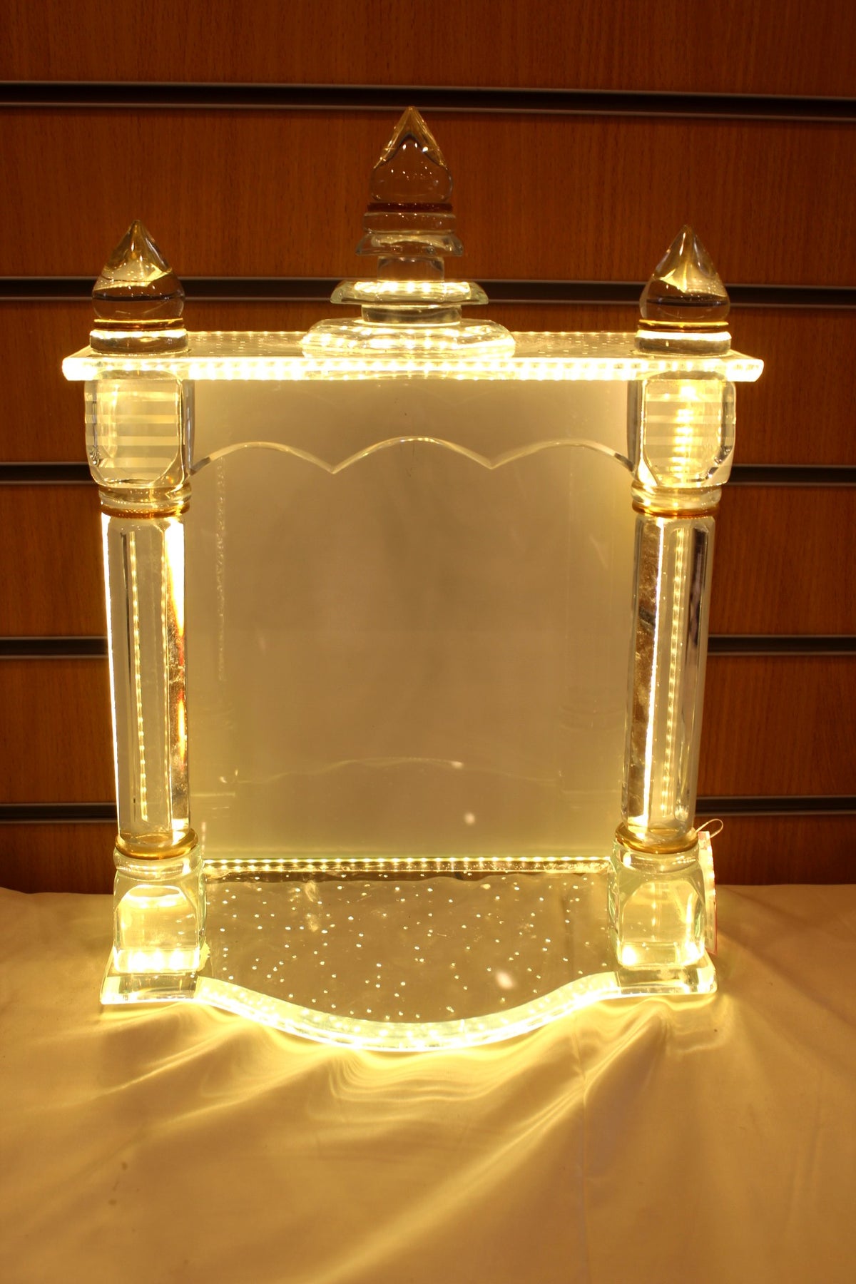 Glass Mandir with LED Lights 12 x 8 x 17 inch – Crystal Home Temple with Amber Pillars