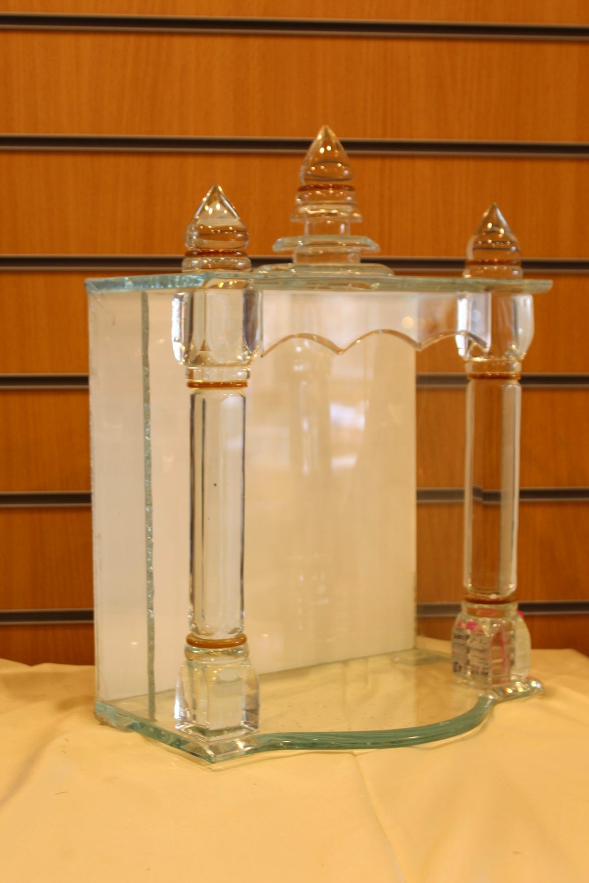 Glass Mandir with LED Lights 12 x 8 x 17 inch – Crystal Home Temple with Amber Pillars