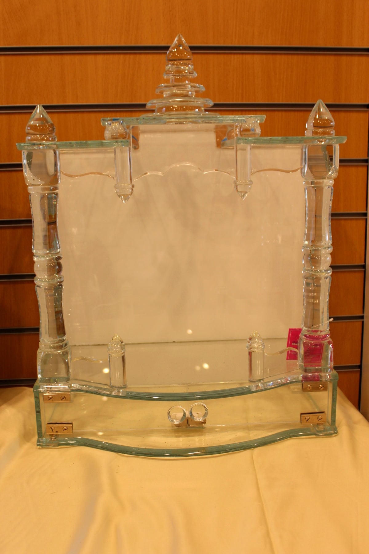 Glass Mandir with LED Lights 18 x 10 x 24 inch – Crystal Home Temple with Turned Pillars