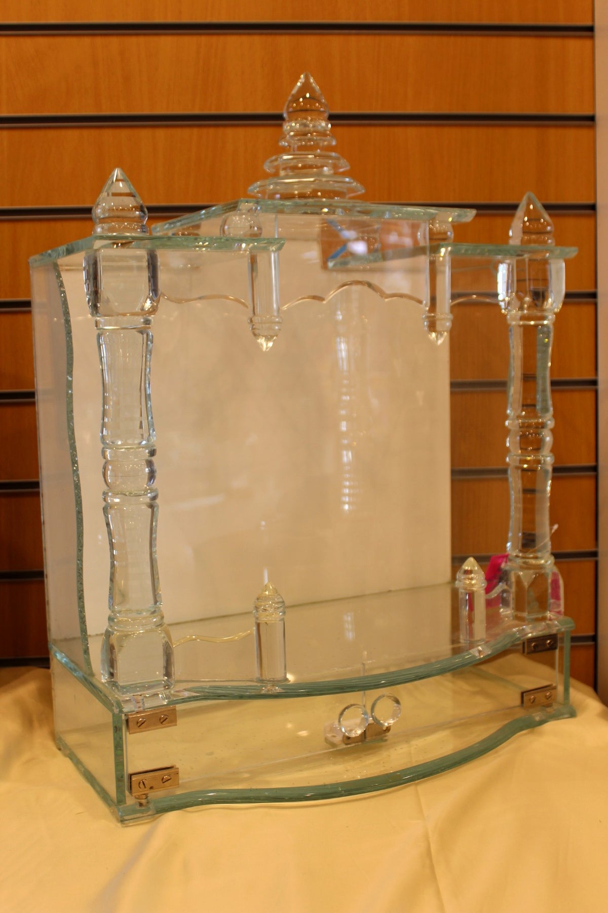 Glass Mandir with LED Lights 18 x 10 x 24 inch – Crystal Home Temple with Turned Pillars
