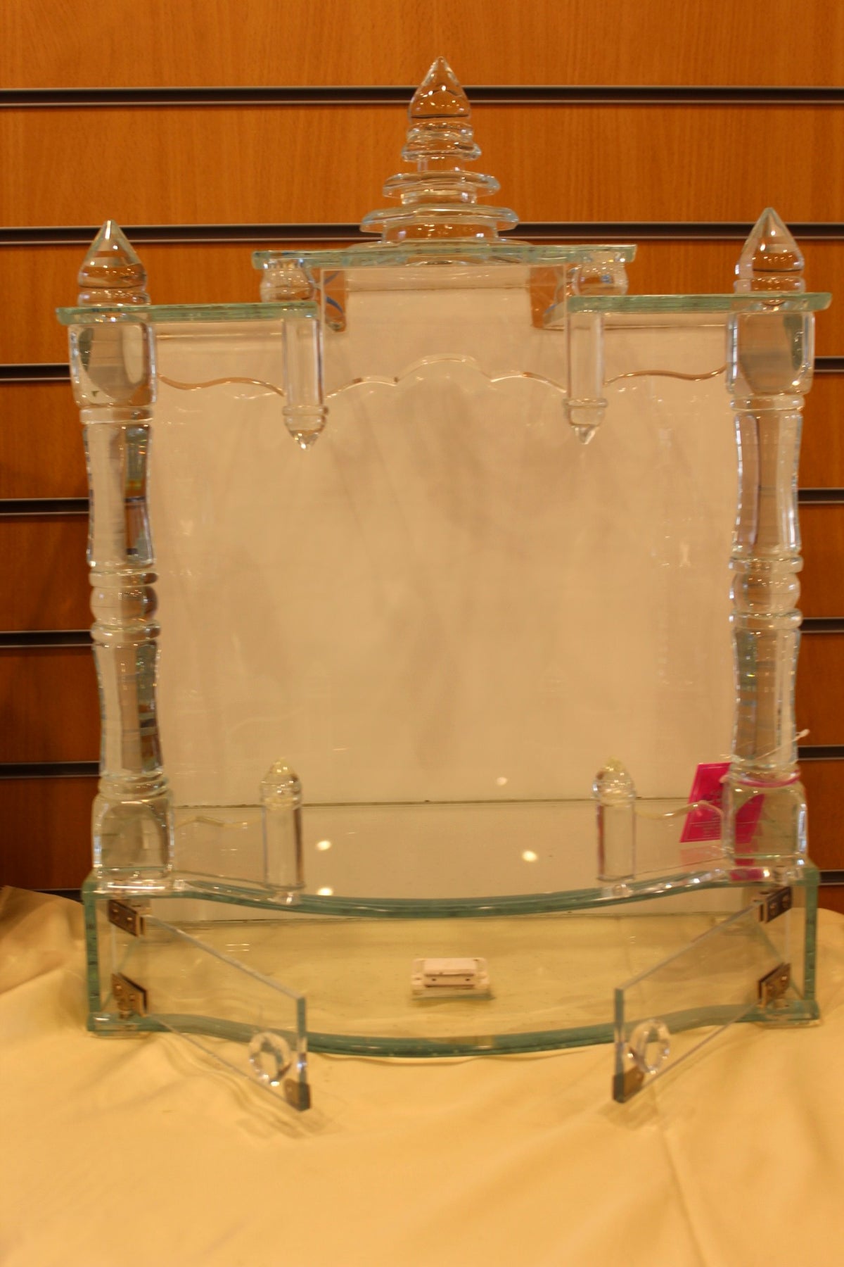 Glass Mandir with LED Lights 18 x 10 x 24 inch – Crystal Home Temple with Turned Pillars