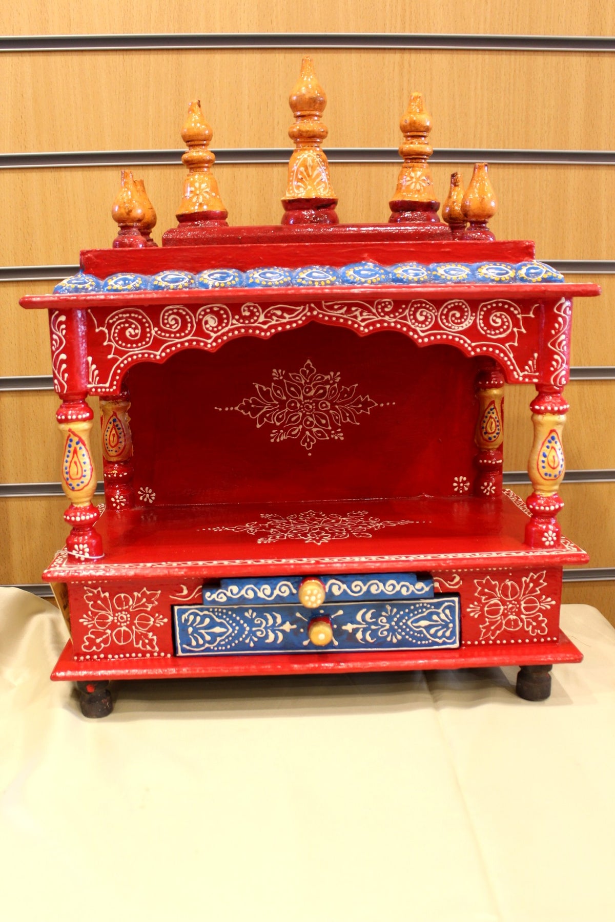 Hand-Painted Mandir 15 x 8 x 19 inch – Red Jaipuri Home Temple with Drawer