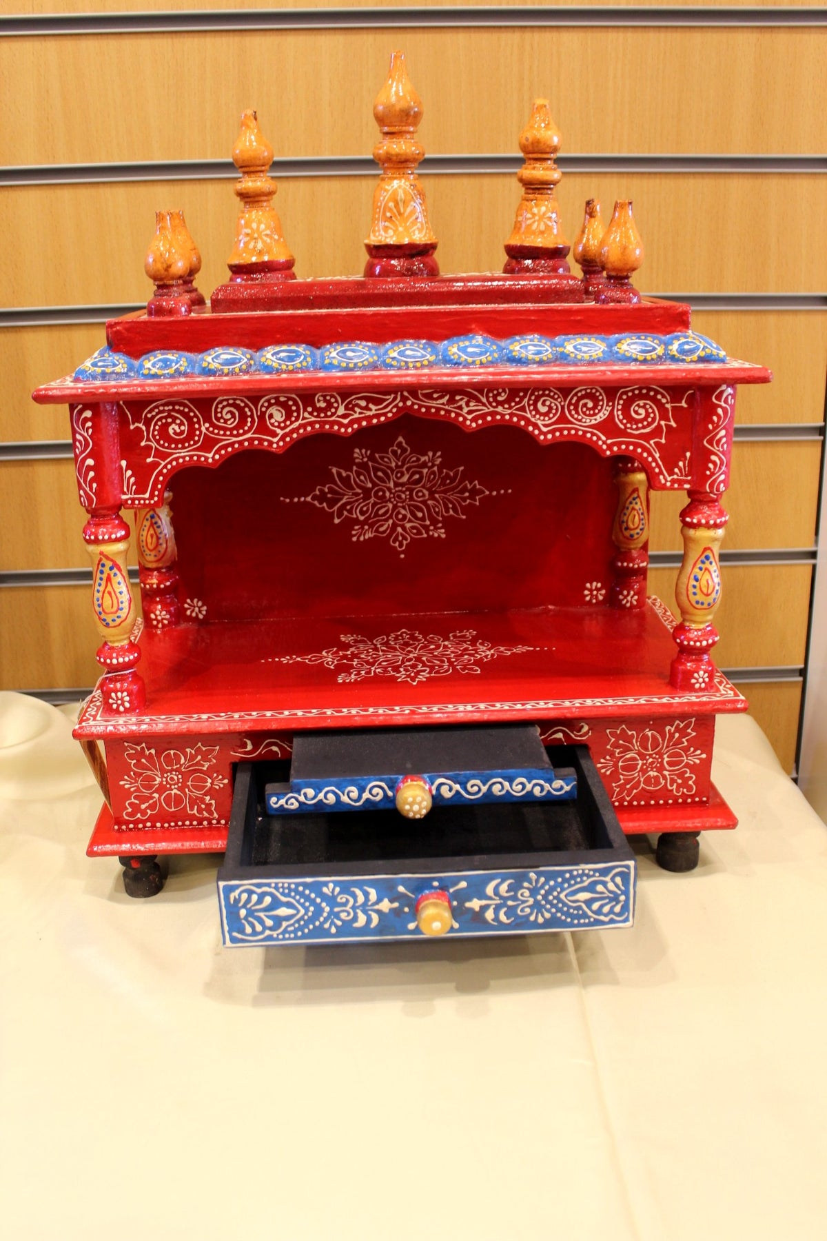 Hand-Painted Mandir 15 x 8 x 19 inch – Red Jaipuri Home Temple with Drawer