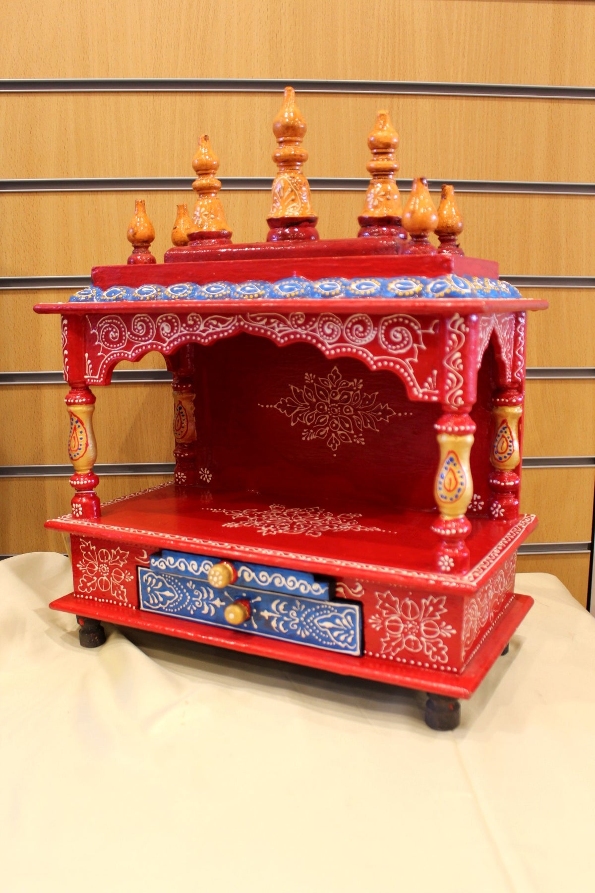 Hand-Painted Mandir 15 x 8 x 19 inch – Red Jaipuri Home Temple with Drawer