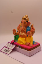 Load image into Gallery viewer, Eco-Friendly Ganesh Visarjan Idol – Blue Khes &amp; Yellow Dhoti, Pink Cushion, ~6 inch