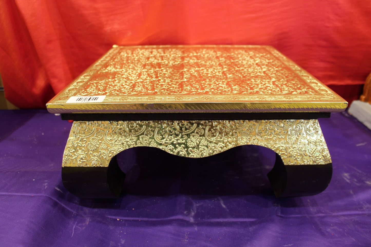 Premium gold embossed bajot pooja chowki with arched apron, 16 x 16 x 8 inch