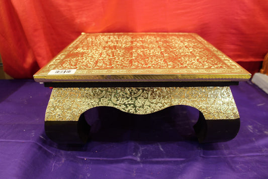 Premium gold embossed bajot pooja chowki with arched apron, 16 x 16 x 8 inch