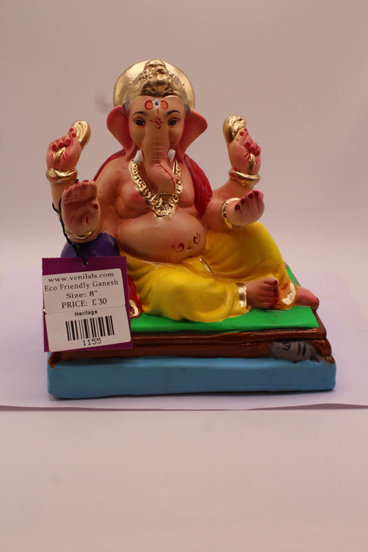 Eco-Friendly Ganesh Visarjan Idol – Yellow Dhoti & Red Khes, Green Mat, ~8 inch