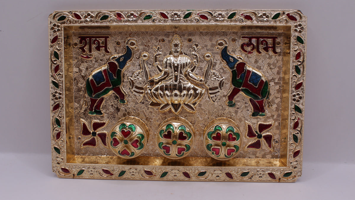 Kankavati kumkum tray with 3 boxes, Shubh Labh design, front view