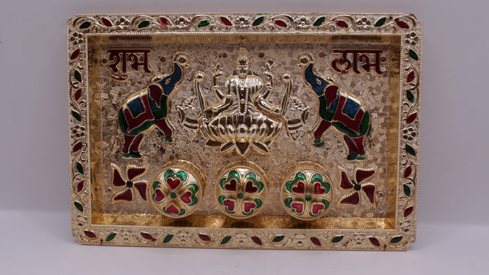 Kankavati kumkum tray with 3 boxes, Shubh Labh design, front view