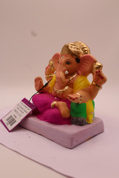 Eco-Friendly Ganesh Visarjan Idol – Yellow Khes & Magenta Dhoti, ~6 inch
