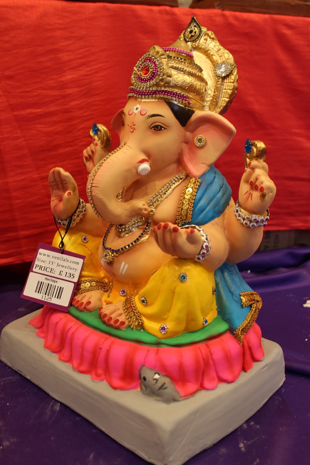 Eco-Friendly Ganesh Visarjan idol, Jewellery Style Blue Khes & Yellow Dhoti, side view