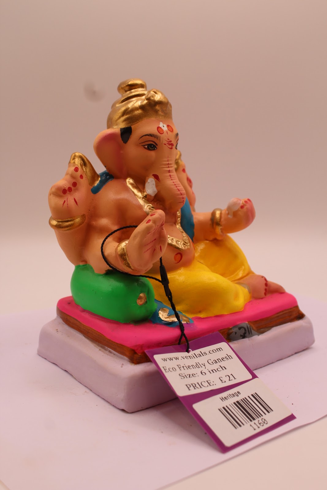 Eco-Friendly Ganesh Visarjan Idol – Blue Khes & Yellow Dhoti, Pink Cushion, ~6 inch