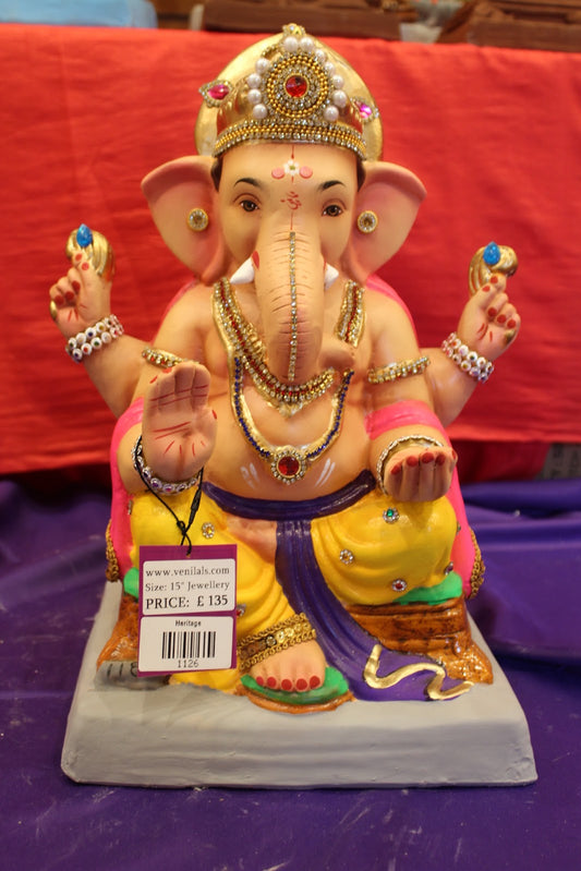 Eco-Friendly Ganesh Visarjan idol, Jewellery Style Pink Khes & Yellow Dhoti, front view