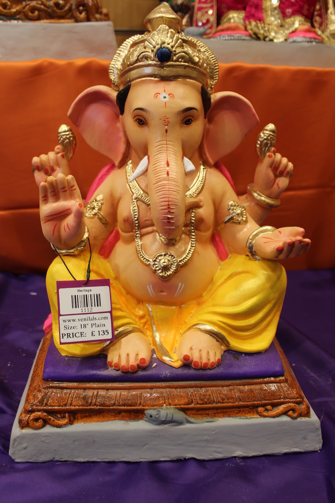 Eco-Friendly Ganesh Visarjan idol, Yellow & Pink Blue Gem Crown, front view 2