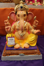 Load image into Gallery viewer, Eco-Friendly Ganesh Visarjan idol, Yellow &amp; Pink Blue Gem Crown, front view 2