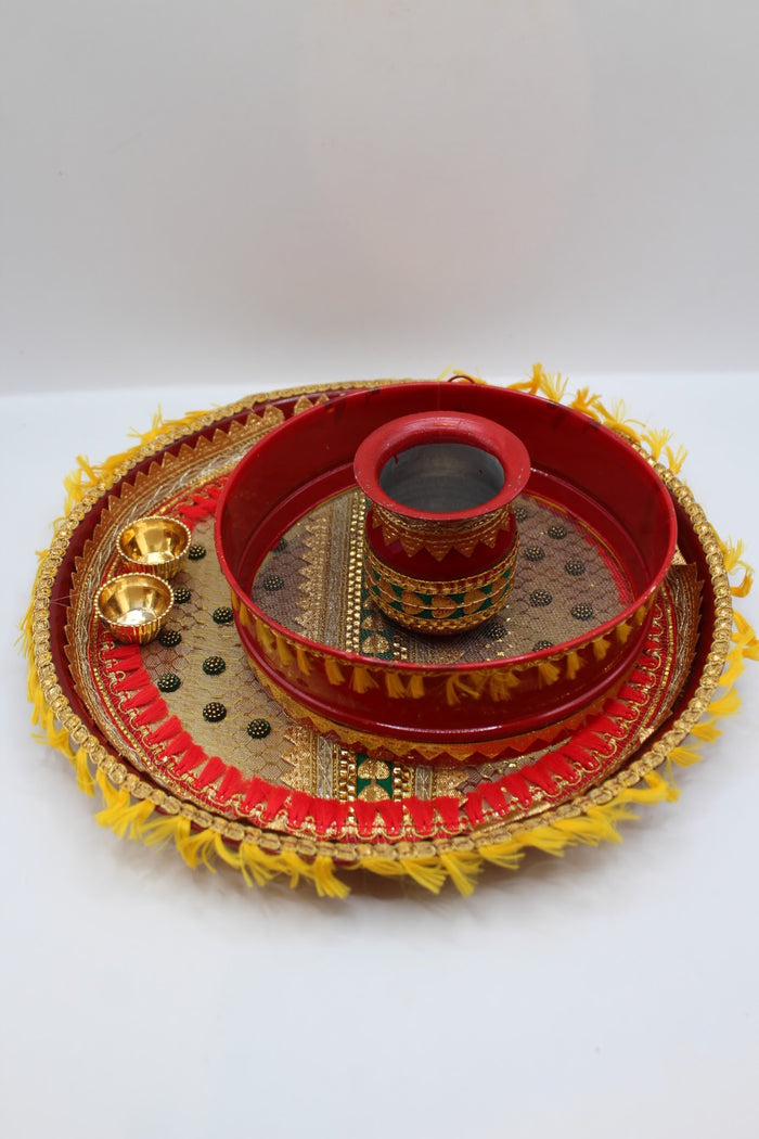 Red Karwa Chauth set with yellow fringe, thali, channi and lota, front view