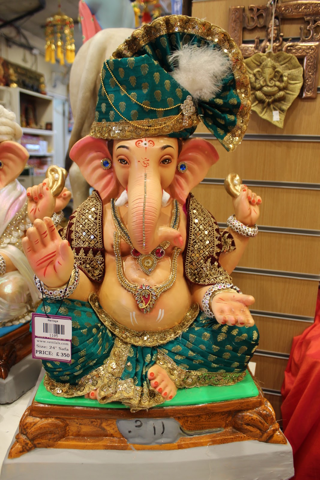 Eco-Friendly Ganesh Visarjan idol, Teal & Maroon, front view 2