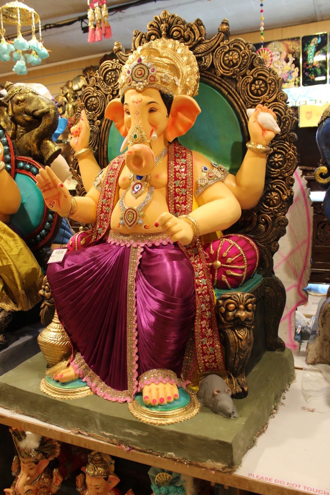 POP Ganesh Visarjan Idol – Magenta Silk Dhoti with Lion-Head Throne, ~4ft