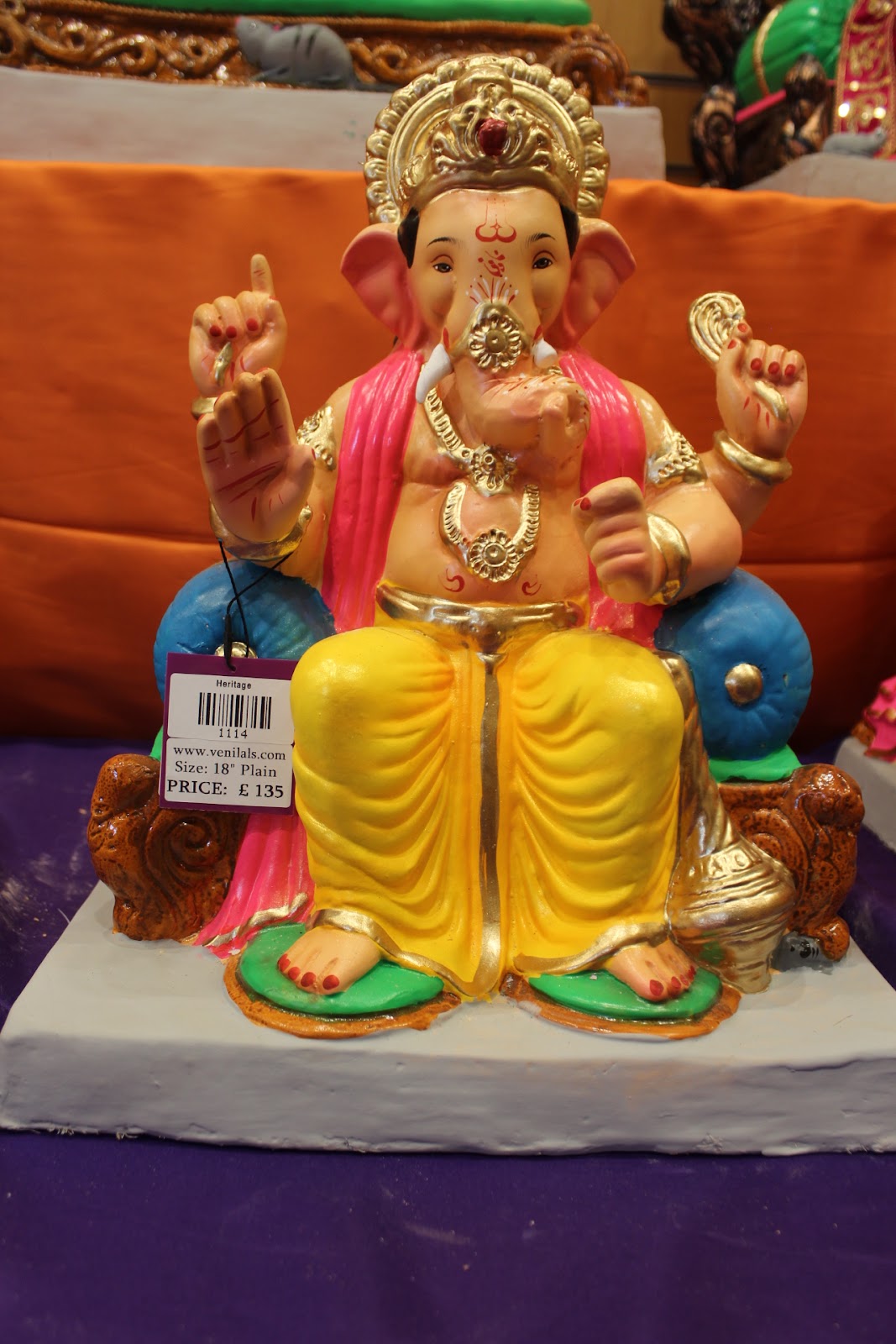 Eco-Friendly Ganesh Visarjan idol, Yellow & Pink Drum Base, front view 2