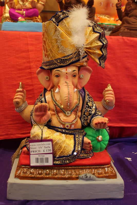 Eco-Friendly Ganesh Visarjan idol, Full Safa Set Navy Blue & Gold, front view