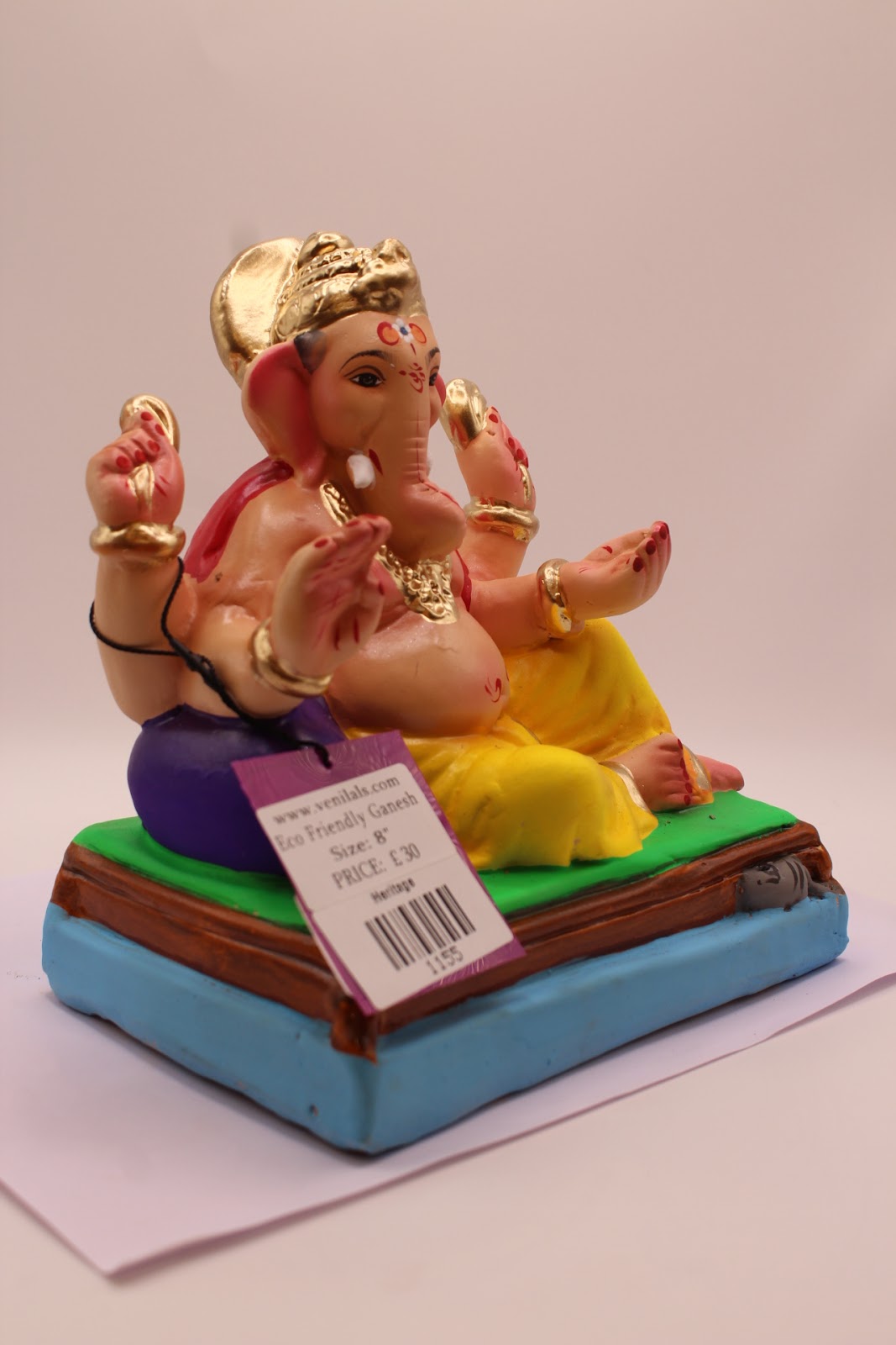 Eco-Friendly Ganesh Visarjan Idol – Yellow Dhoti & Red Khes, Green Mat, ~8 inch