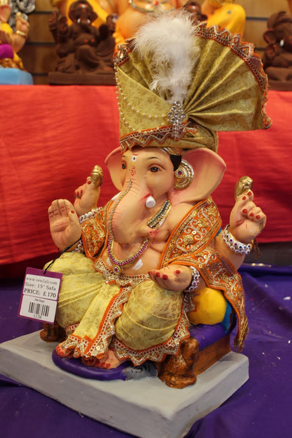Eco-Friendly Ganesh Visarjan idol, Full Safa Set Golden Mustard & Navy, side view