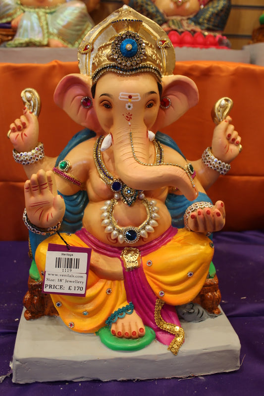 Eco-Friendly Ganesh Visarjan idol, Jewellery Style Yellow & Blue, front view