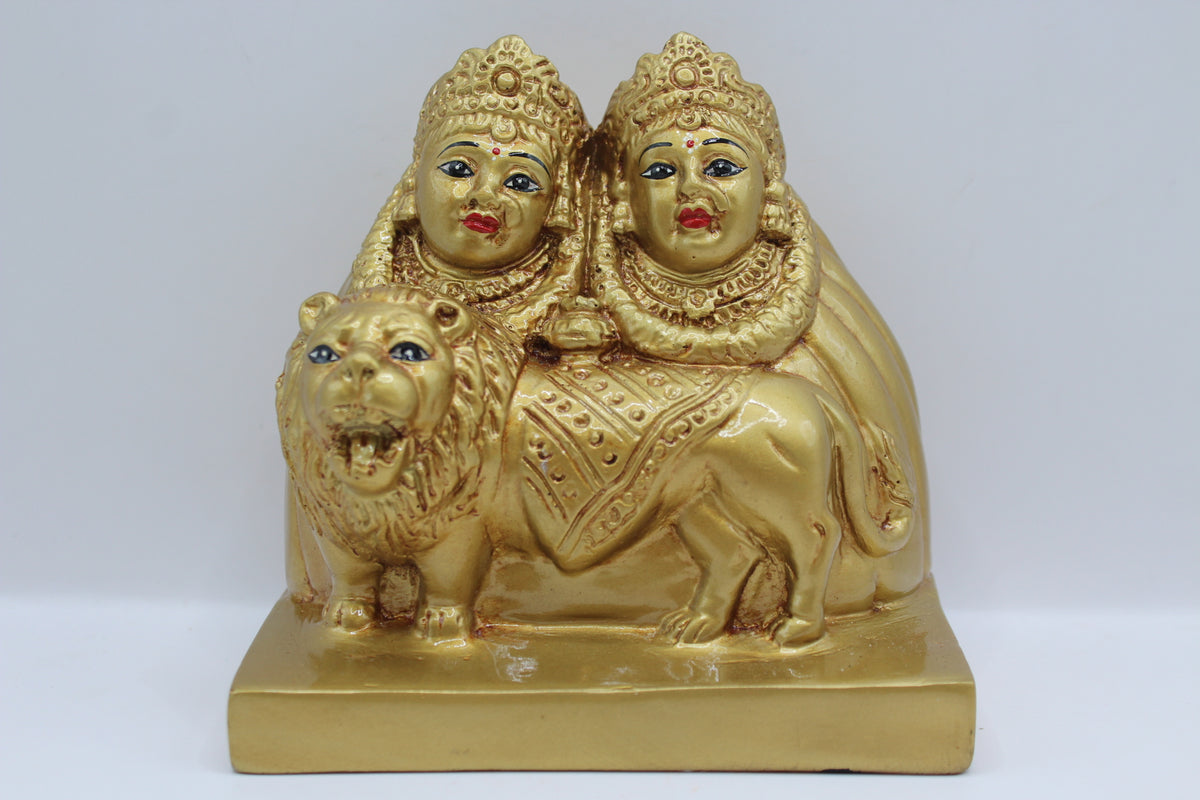 Gold resin Chamunda Maa murti with lion, front view