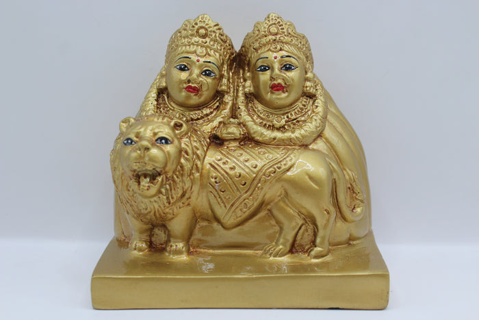 Gold resin Chamunda Maa murti with lion, front view