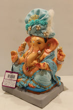 Load image into Gallery viewer, Eco-friendly clay Ganesh idol with sky blue safa and pearls, side view