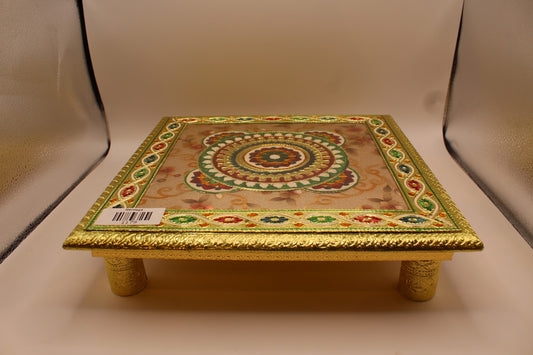 Floral meenakari chowki pooja stool in gold and enamel, 12 x 12 inch
