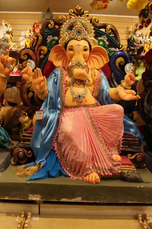POP Ganesh Visarjan Idol – Powder Blue & Blush Pink on Carved Throne, ~4ft