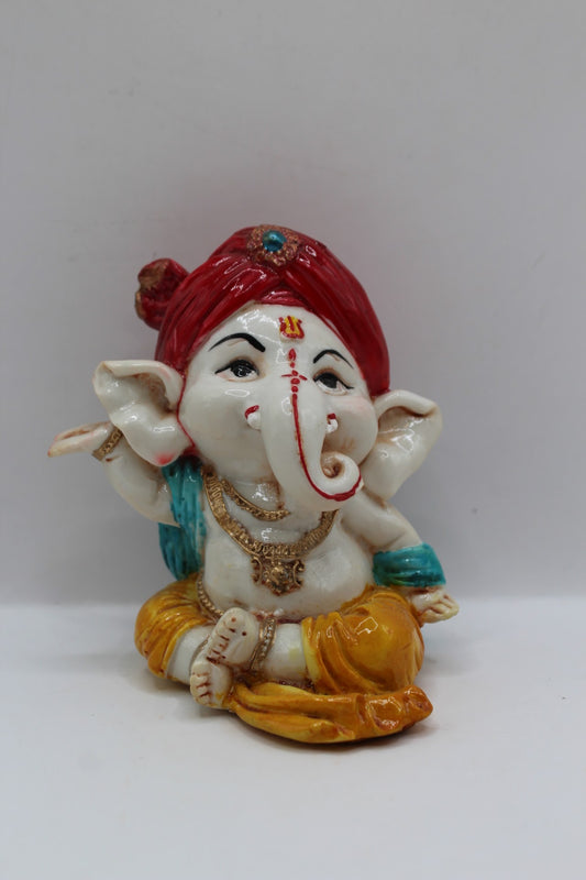 Baby Ganesh murti, red turban and blue scarf, front view