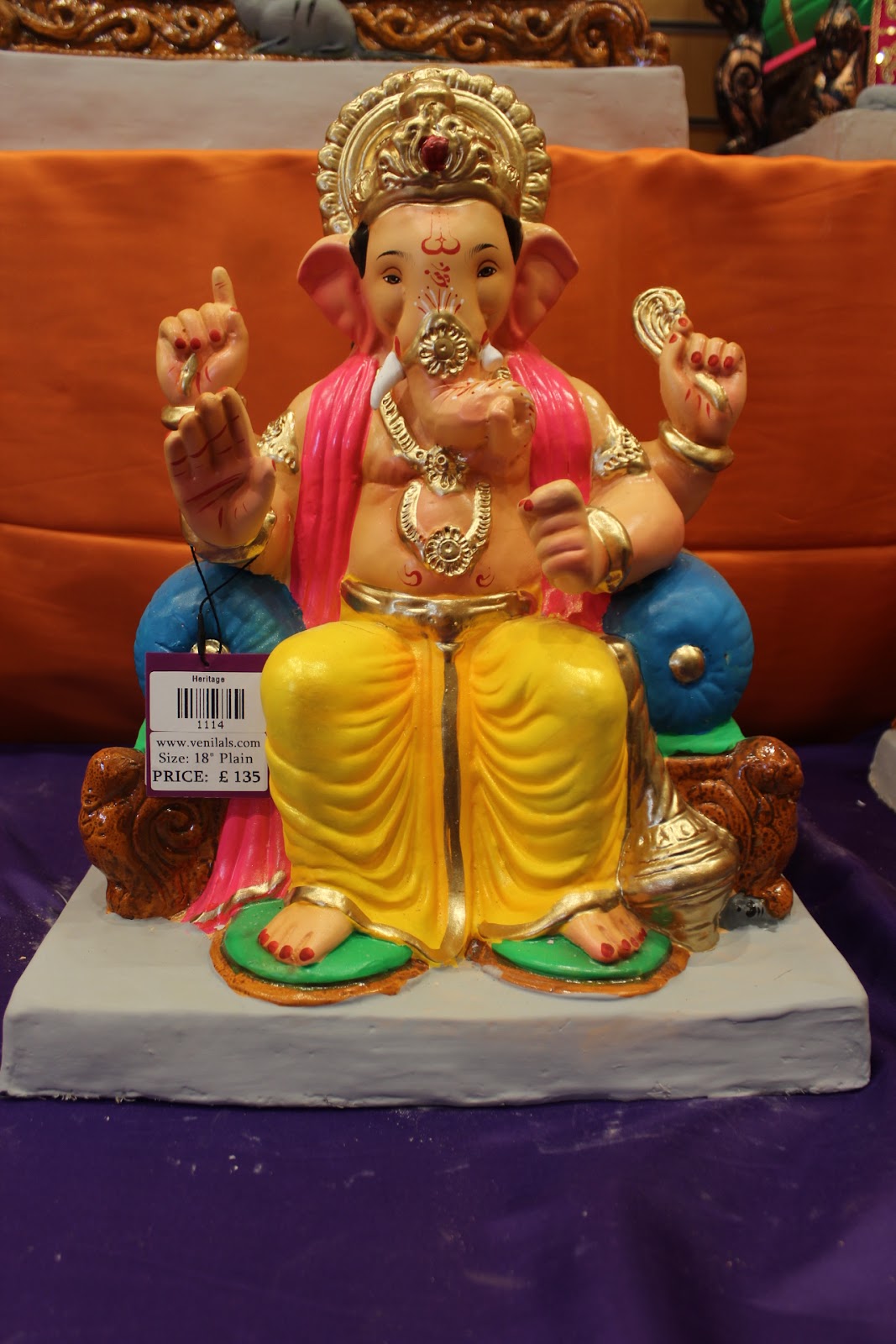 Eco-Friendly Ganesh Visarjan idol, Yellow & Pink Drum Base, front view