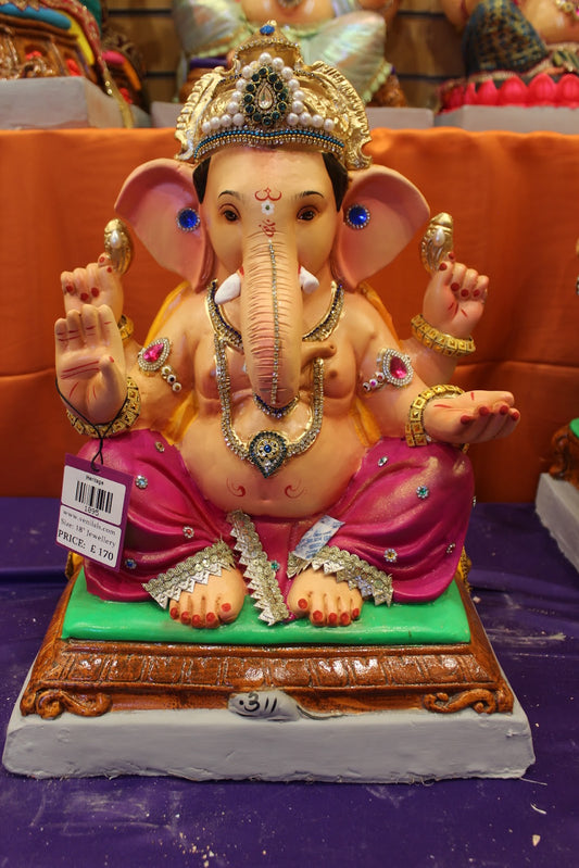 Eco-Friendly Ganesh Visarjan idol, Jewellery Style Magenta & Gold, front view